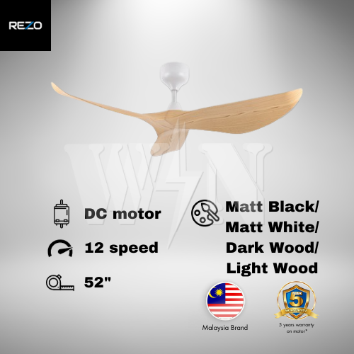 REZO CEILING FAN 52'' 3 BLADE REMOTE DC KAZE WHITE│BLACK│LIGHT WOOD│DARK WOOD