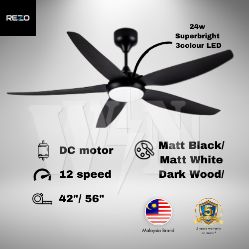 REZO CEILING FAN 42" / 56" 5 BLADE DC LED ASTER WHITE │ BLACK / DARK WOOD