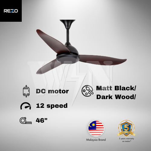 REZO CEILING FAN 46" 3 BLADE REMOTE DC AXIS MATT BLACK │DARK WOOD