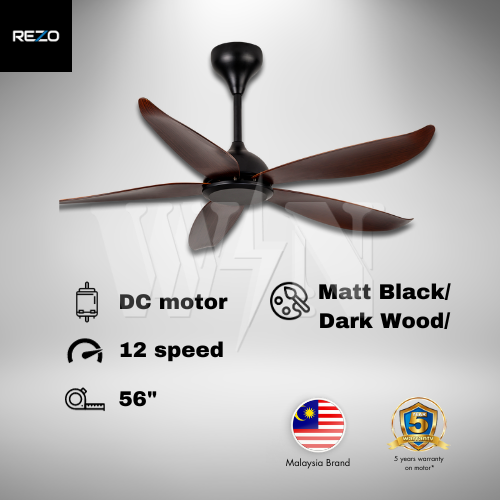 REZO CEILING FAN 56'' 5 BLADE REMOTE DC AXIS DARK WOOD│MATT BLACK