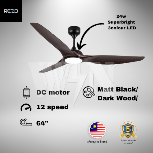 REZO CEILING FAN 64" 3 BLADE DC HILTON (MATT BLACK│DARK WOOD)