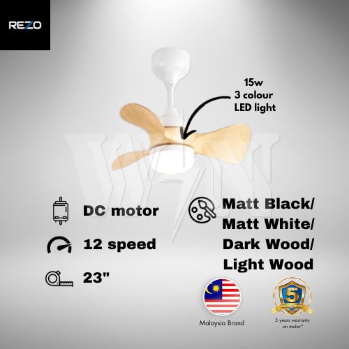 REZO CEILING FAN 23" 3 BLADE LED LIGHT LORCA(WHITE│BLACK│DARK WOOD│LIGHT WOOD) 