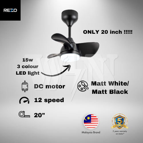 REZO CEILING FAN 20" 3 BLADE REMOTE LED DC VENUS (MATT WHITE │ MATT BLACK)