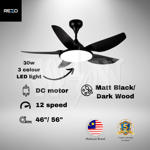 REZO CEILING FAN 46''/56" 5 BLADE REMOTE LED DC VENZO(MATT BLACK │ DARK WOOD)