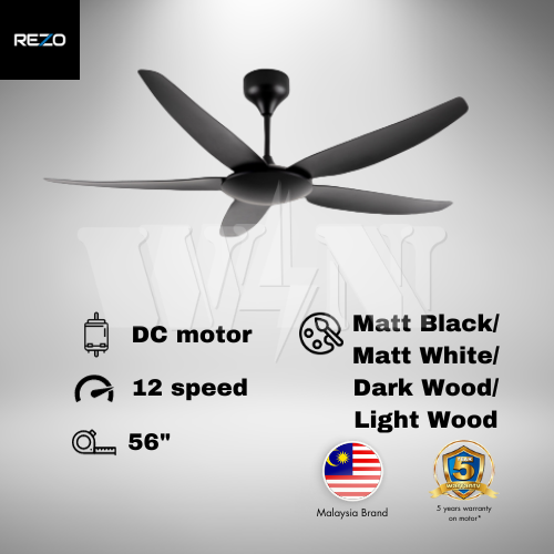 REZO CEILING FAN 56'' 5 BLADE REMOTE DC ZETTA (MATT BLACK │MATT WHITE │LIGHT WOOD │DARK WOOD) 